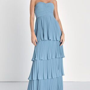 Lulus Seriously Sensational Light Blue Strapless Tiered Maxi Dress - Size L